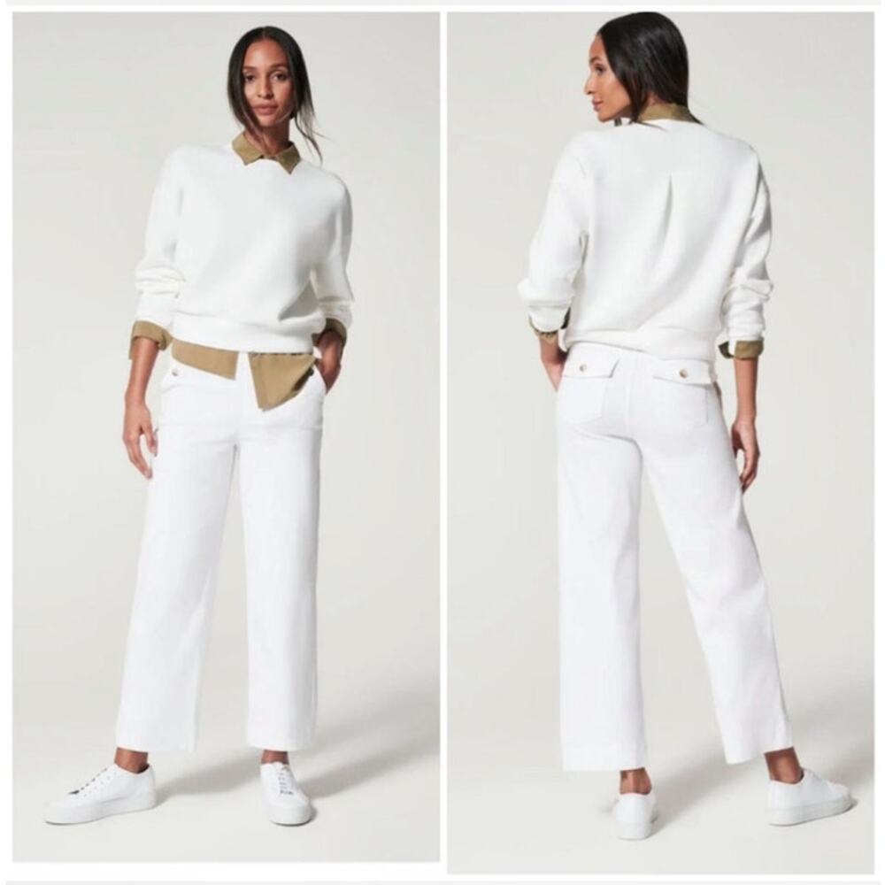 Spanx 1X White Stretch Twill Cropped Wide Leg Pants Minimalist Quiet Luxury